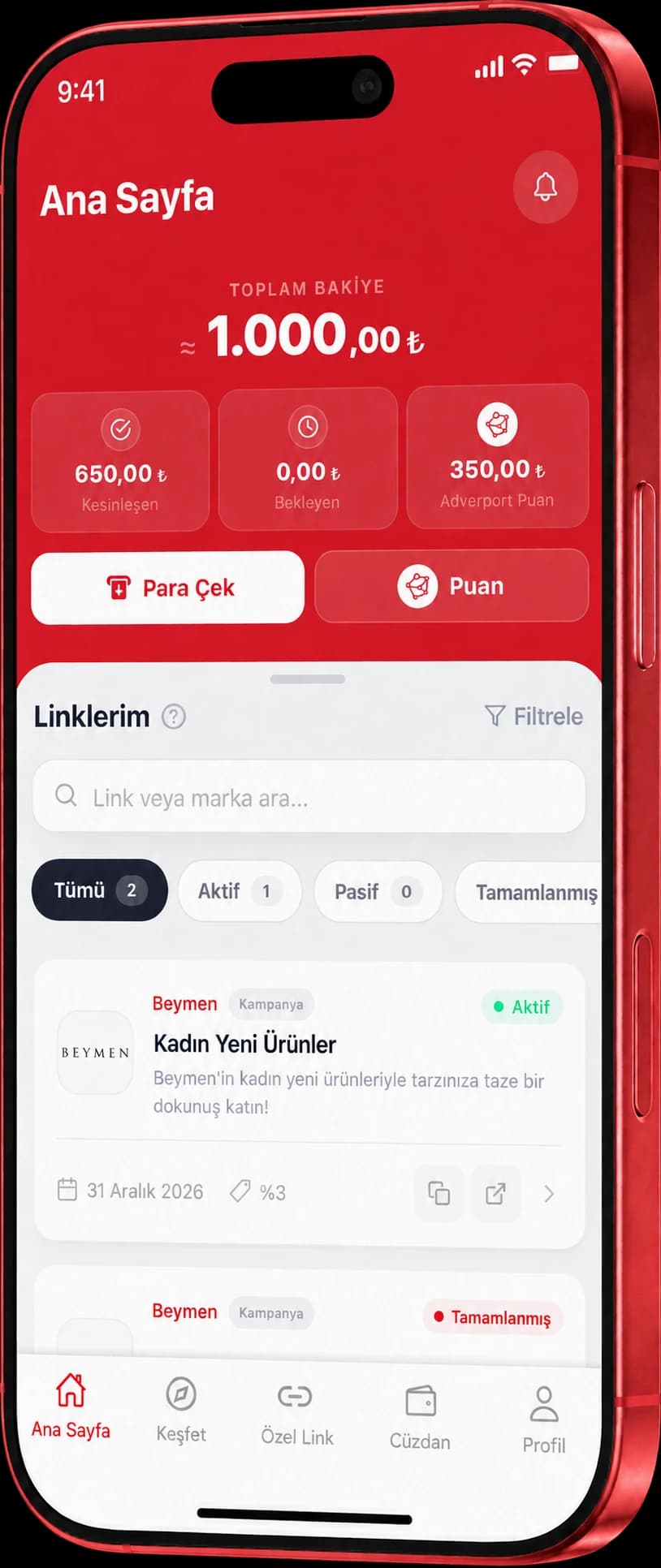 Adverport uygulamasının güncel Ana Sayfa ekranı